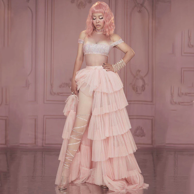 Ночной клуб певица костюм розовые вечерние платья Grand Пышная юбка хвост Стразы