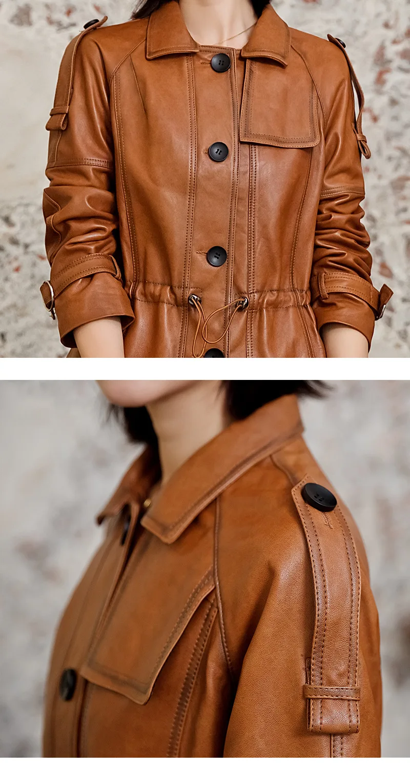 Chaqueta de piel de oveja auténtica para mujer, chaqueta locomotora de piel de oveja auténtica, de cuero marrón, con una hilera de botones