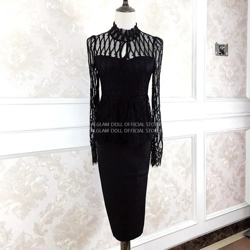 

Spring Korea Lady's Party Cloth High Waist Lace Patchwork Peplum Bodycon Midi Sexy Occasion Dresses Women