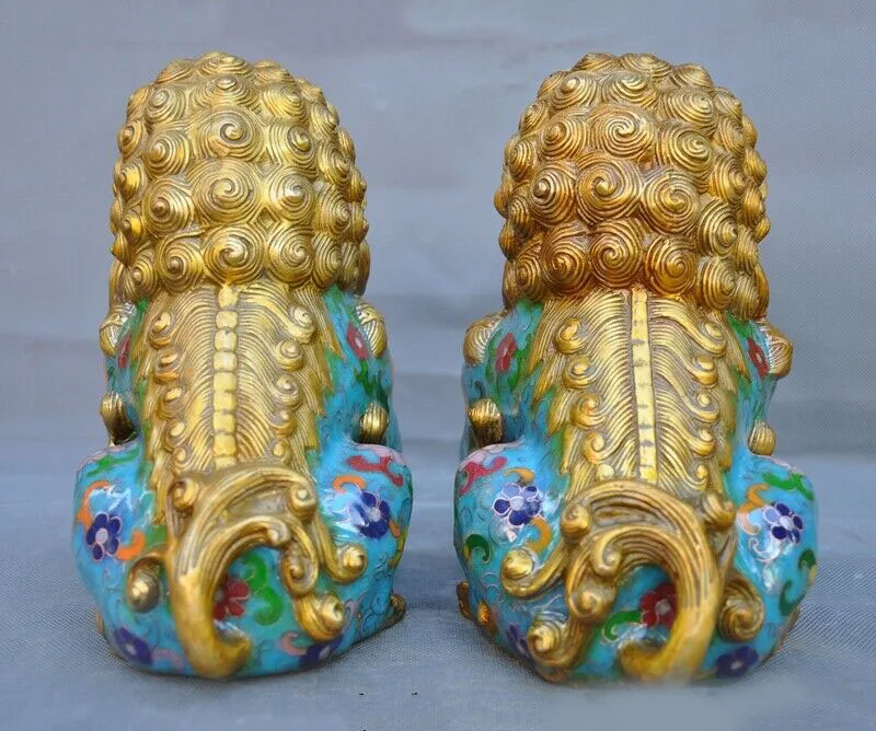 

wedding decoration China Bronze Cloisonne enamel Gilt Evil Door Guardian Foo Dog Lion beast statue
