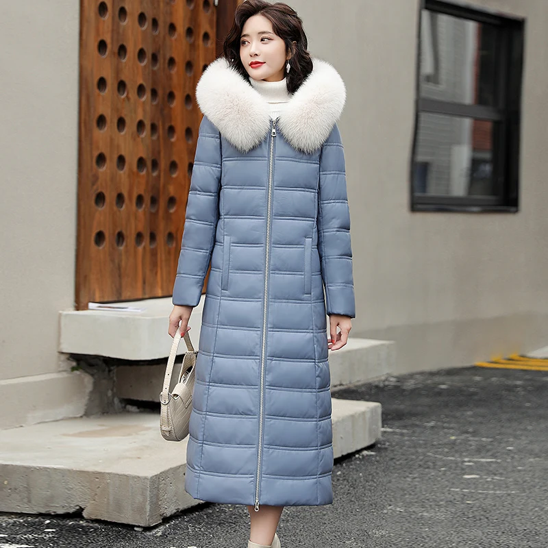 New Women Sheepskin Down Coat Autumn Winter 2022 Elegant Fashion Warm Fox Fur Collar Slim Thick Long Leather Down Overcoat