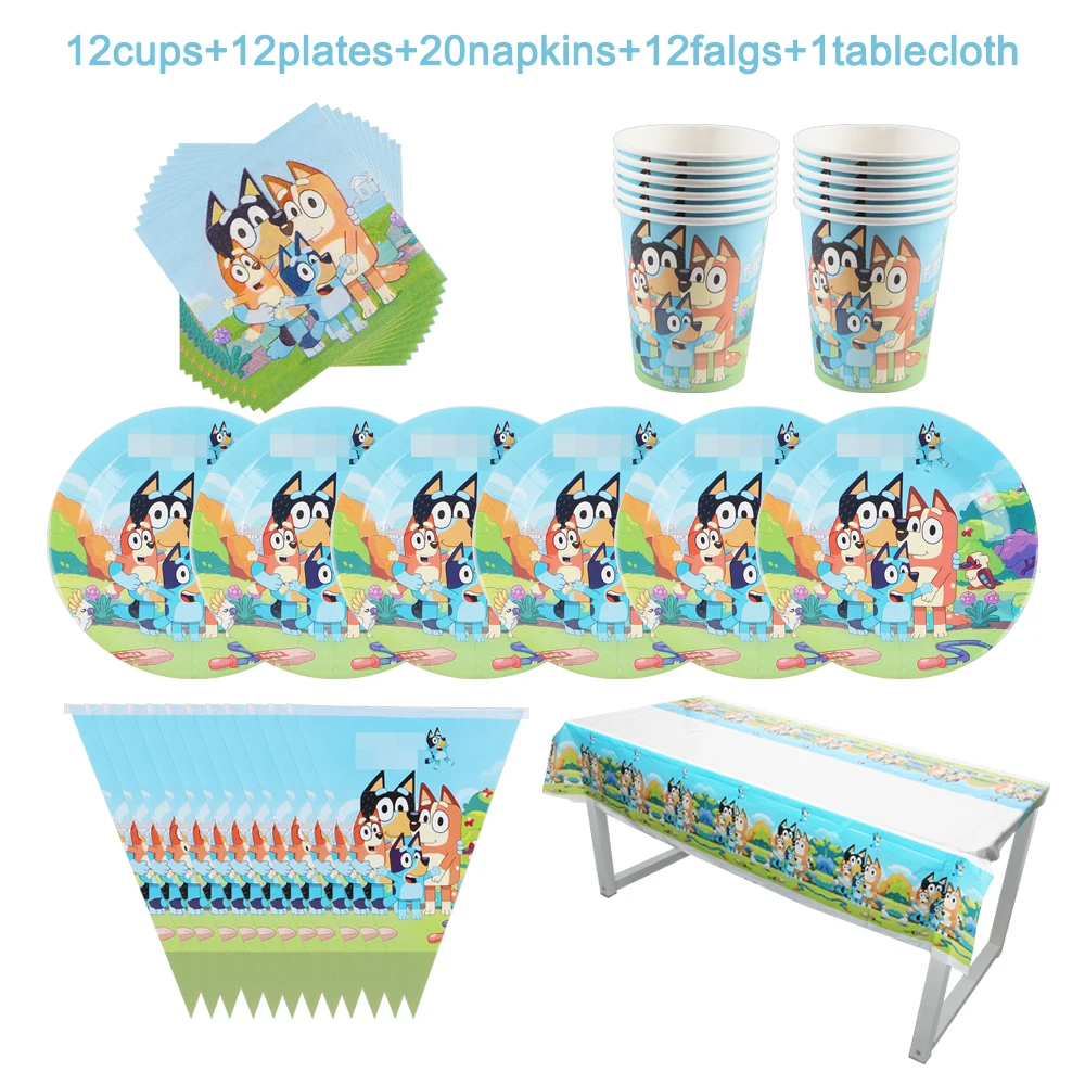 

Cartoon Bluey's Puppy Children Birthday Party Decoration Baptism Boys Disposable Tableware Cup Plate Napkin Tablecloth Flag Suit