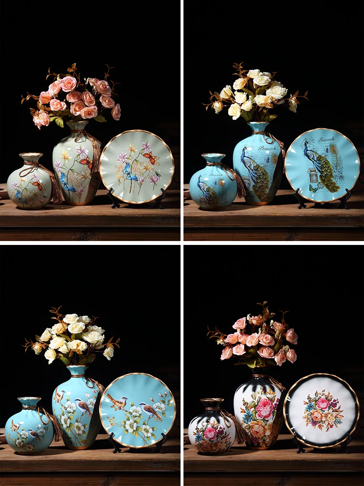 3Pcs/Set European Ceramic Vase Dried Flowers Flower Arrangement Wobble Plate Living Room Entrance Ornaments Home Decorations 2
