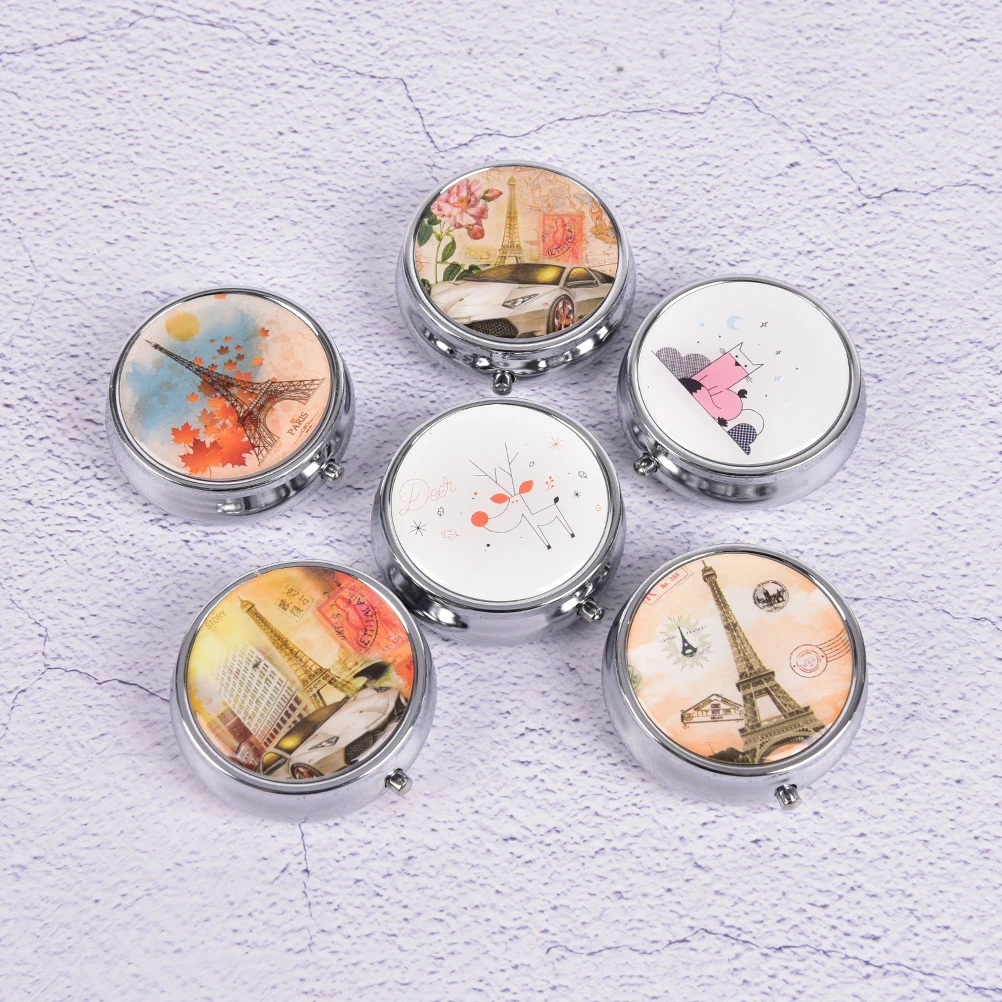 

1 PCFlower Print Cute Divid Storage Tablet Container Medicine Box Metal Round Compartment Pill Case Portable Organizer