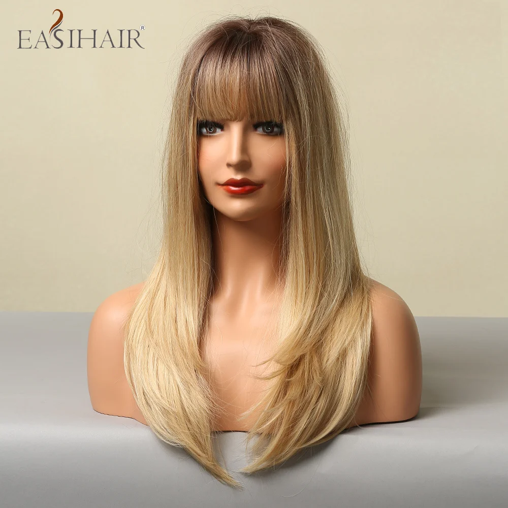 EASIHAIR-Peluca de cabello sintético para mujer, cabellera artificial con flequillo largo y liso, color marrón y Rubio, Natural, resistente al calor, uso diario