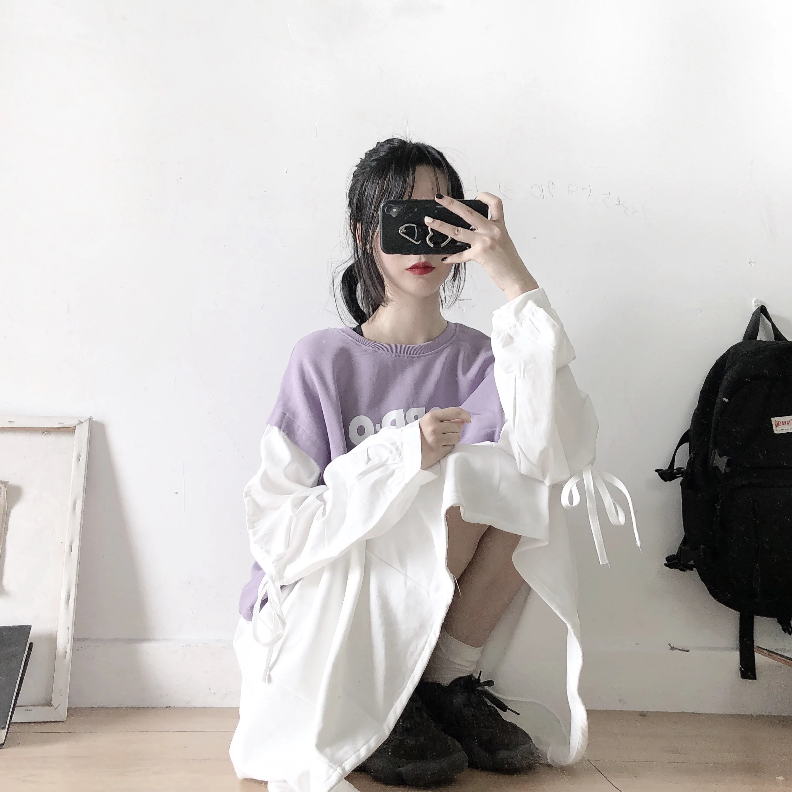 

Purple Short Pullover Women Casual Loose BF Lazy Korean Small Fresh Sweet Long Sleeve Fake Two Hoodies Blouse Girl Autumn Winter