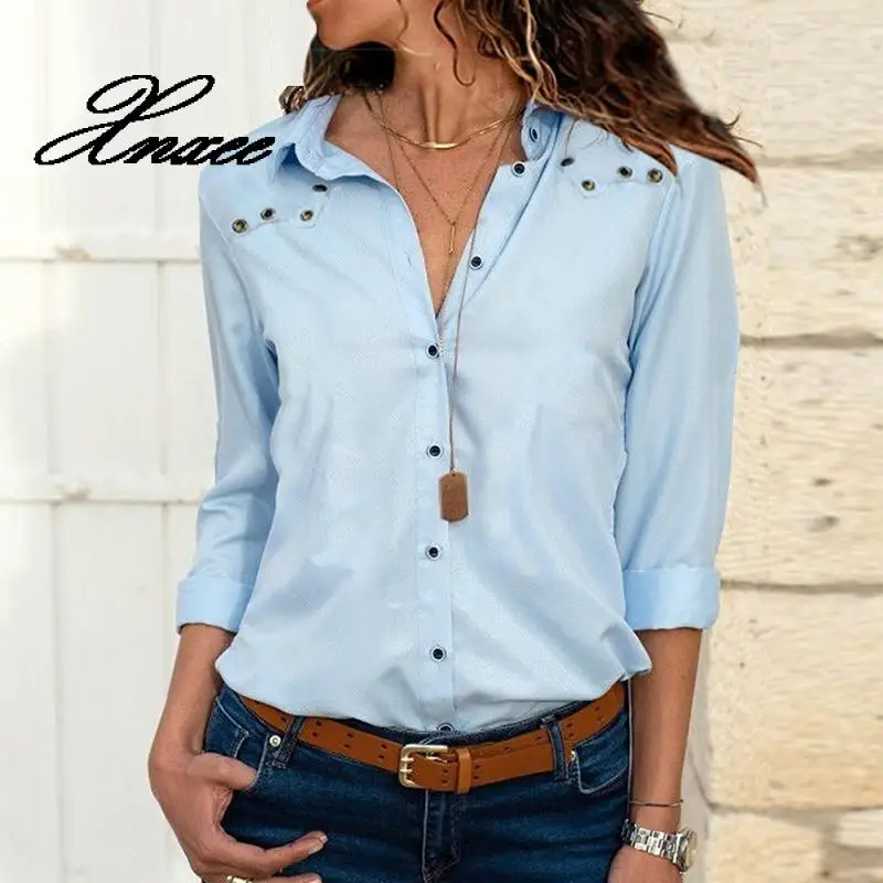 

Xnxee pure color chiffon shirt long sleeve turn-down collar women shirts autumn spring women tops shirt S-5XL