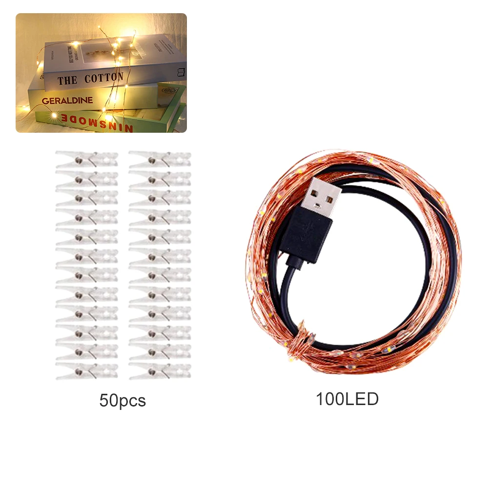 10 м зажим для фото USB светодиодный гирлянды сказочные огни на батарейках гирлянда лампа для рождества, Нового года, украшения для свадебной вечеринки