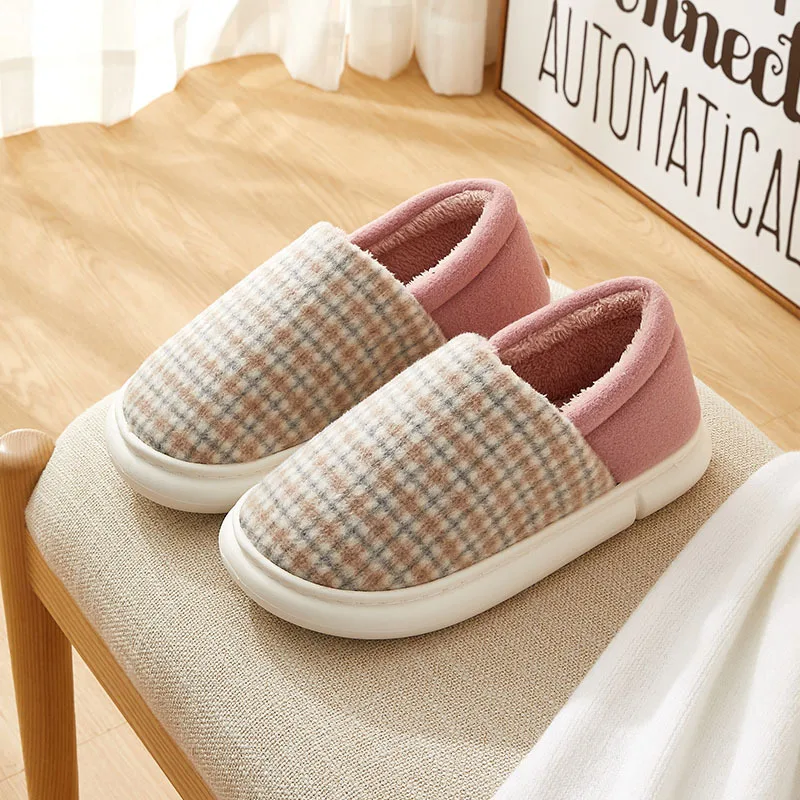 Home Slippers For Women Winter Striped Plaid Couple Cotton Shoes Ladies Casual Plush Slippers Anti-slip Thick Sole Platform Shoe