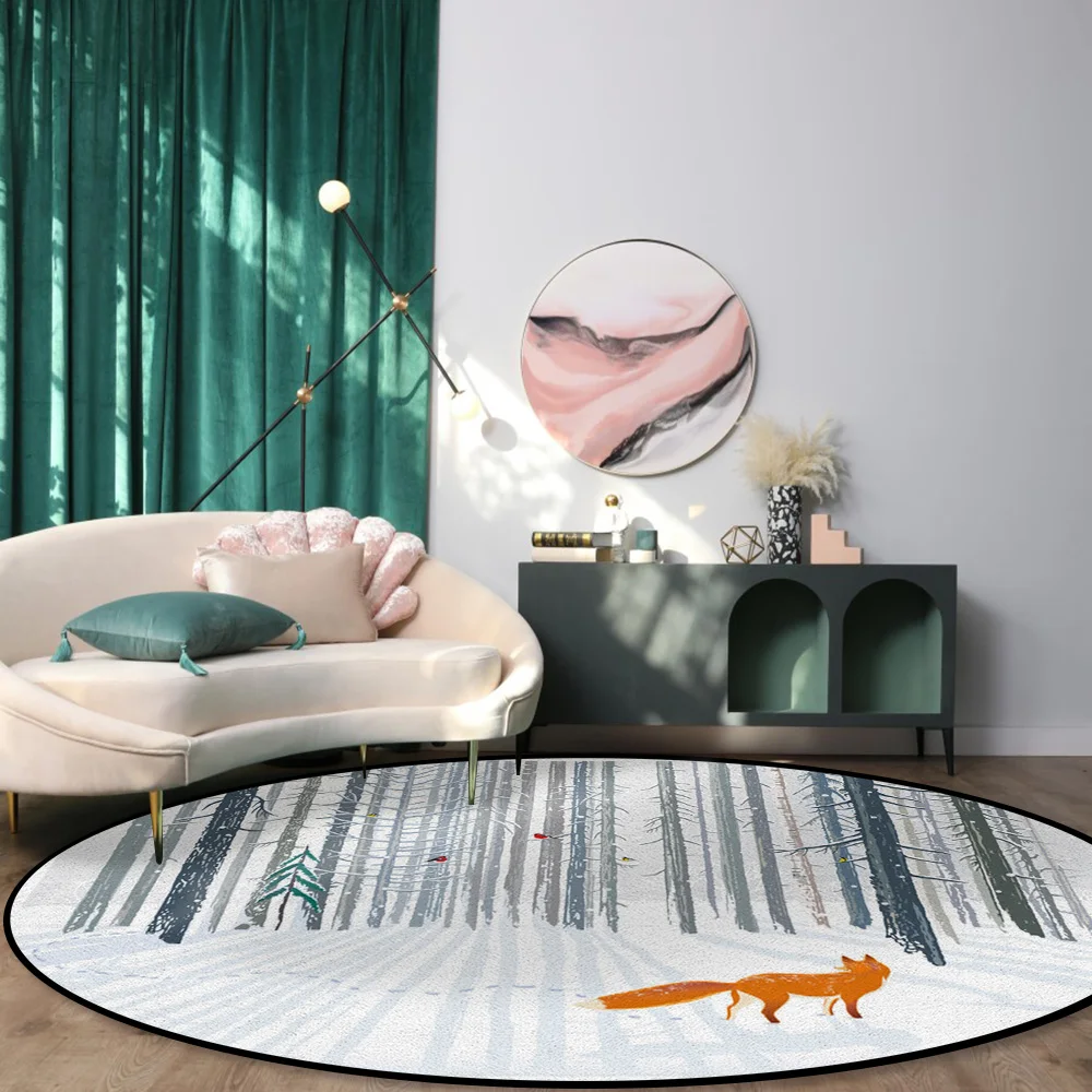 Большие круглые коврики с белым принтом животных птиц лисы лес для гостиной