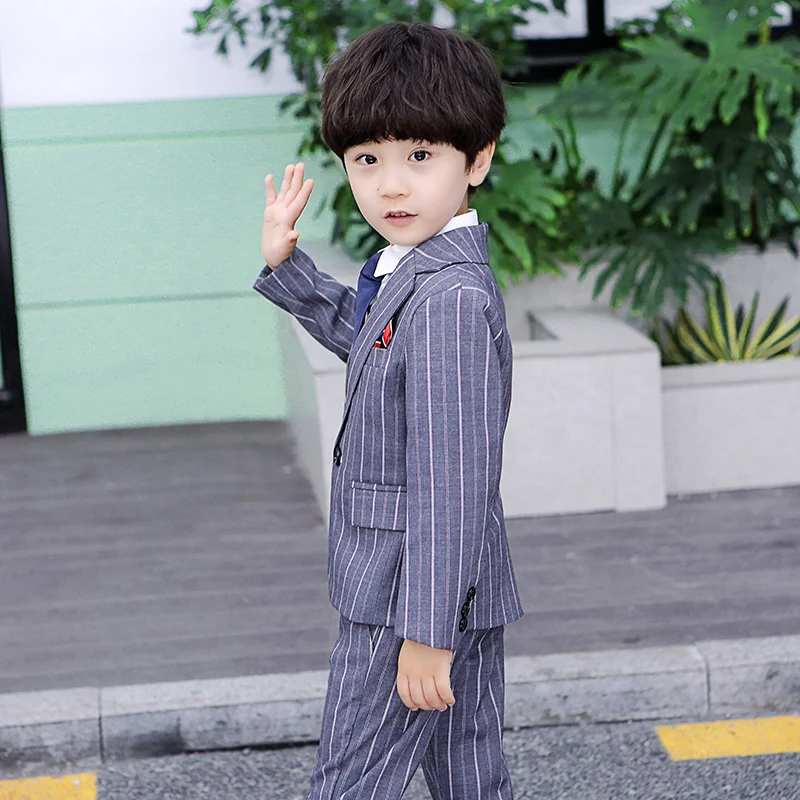 gray 2pcs Комплект из 2 предметов для мальчиков, в полоску, белый и черный цвета, торжественные костюмы с платьем на свадьбу, повседневная одежда, комплекты с курткой, облегающий наряд - Цвет: gray 2pcs