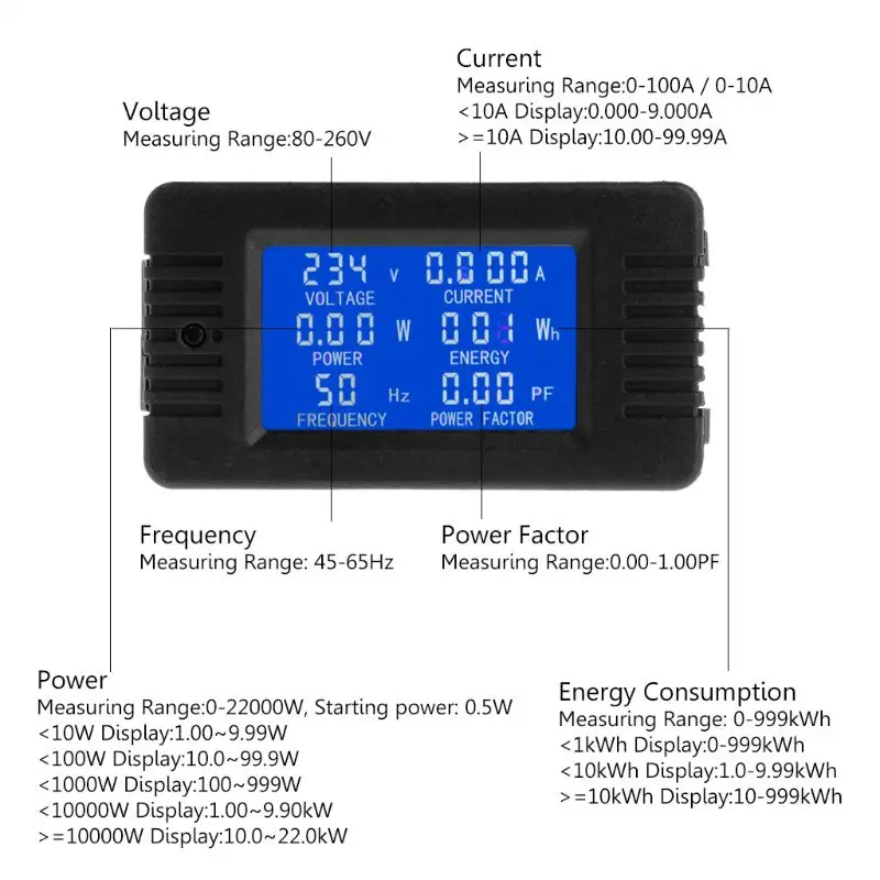 

AC 100A 6in1 Digital Power Energy Monitor Voltage Current KWh Watt Meter AC 80~260V 110V 220V with Split CT
