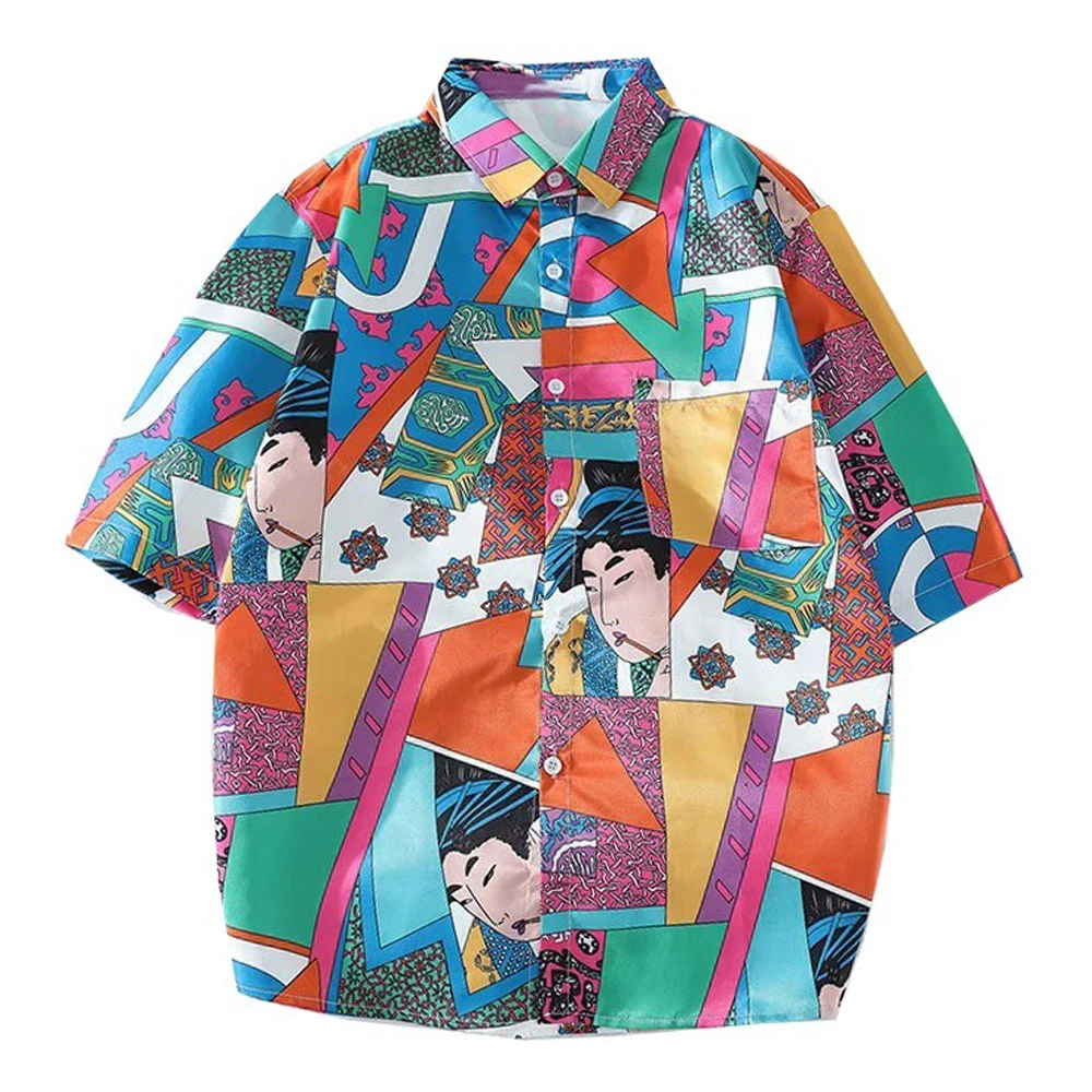 

Hawaiian Shirts Japanese Style Ukiyo E Geometric Print Mens Summer Short Sleeve Streetwear Casual Beach Blouse Tops