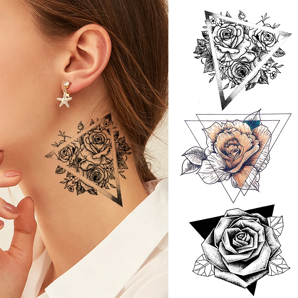 Геометрические татуировки Lotus Rose наклейки реалистичные поддельные черные цветы
