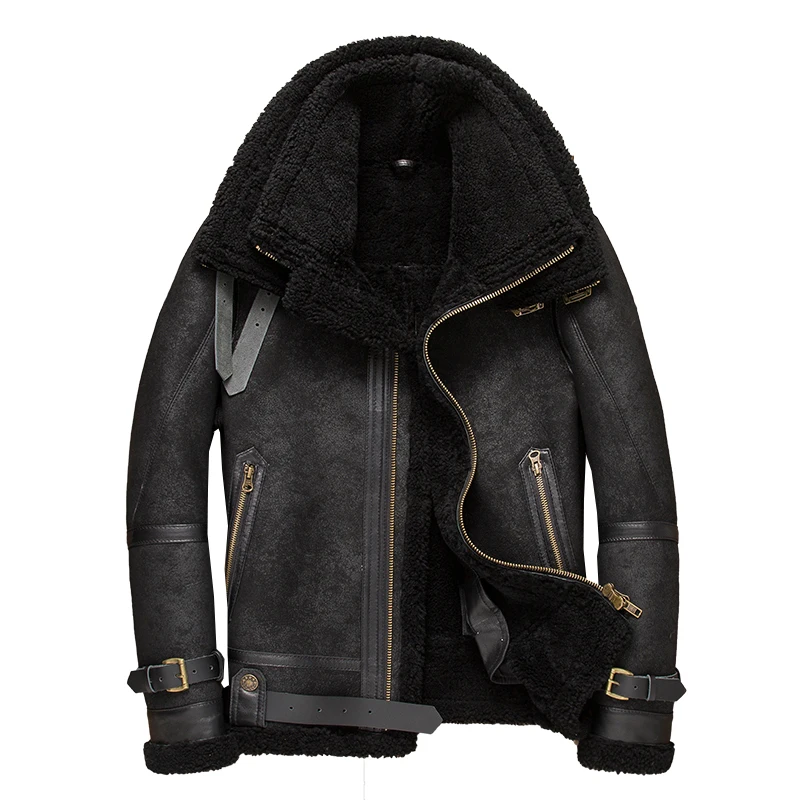

Men's Shearling Jacket B3 Flight Jacket Double Collar Short Leather Jacket Men Sheepskin Aviator Fur Coat Mens Bomber Jacket