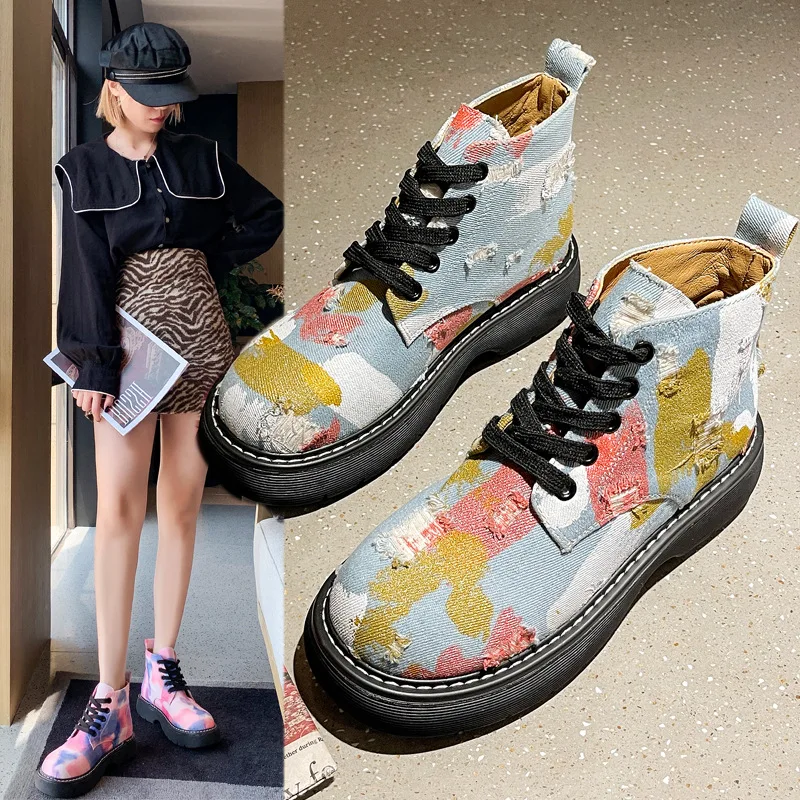 

2021 female autumn new trendy Martin boots graffiti denim lace-up ankle boots thick-soled increased locomotive boots