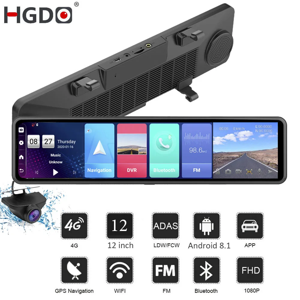 

2020 HGDO 12'' 4G Car DVR Android 8.1 ADAS Rear View Mirror Camera FHD 1080P WiFi GPS Dash Cam Registrar Video Recorder 2G+32G