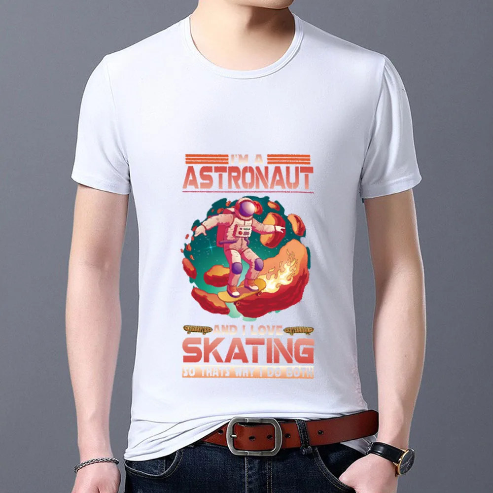 

T-shirts Man All-match White O-neck Short Sleeve Tops Cartoon Astronaut Pattern Series Male Tee Shirt Harajuku Men's Clothes