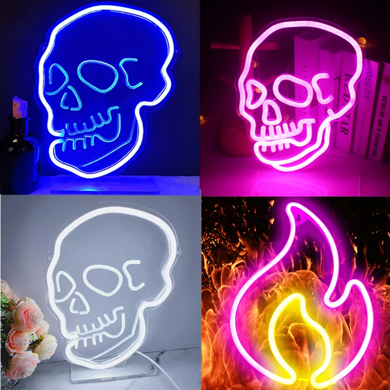 Неоновые вывески в виде черепа Светодиодный настенный ночник с розовым