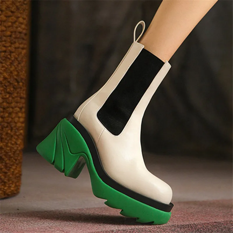 

Женские ботильоны на толстой подошве, ботинки челси из натуральной кожи на высоком массивном каблуке 8 см, 2023