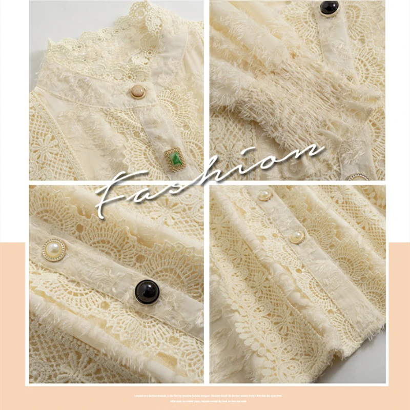 

2021 Spring Autumn New Korean Lace Splicing Blouse Elegant Lantern Long Sleeve Chiffon Top Basic Women Button Down Shirt Fashion