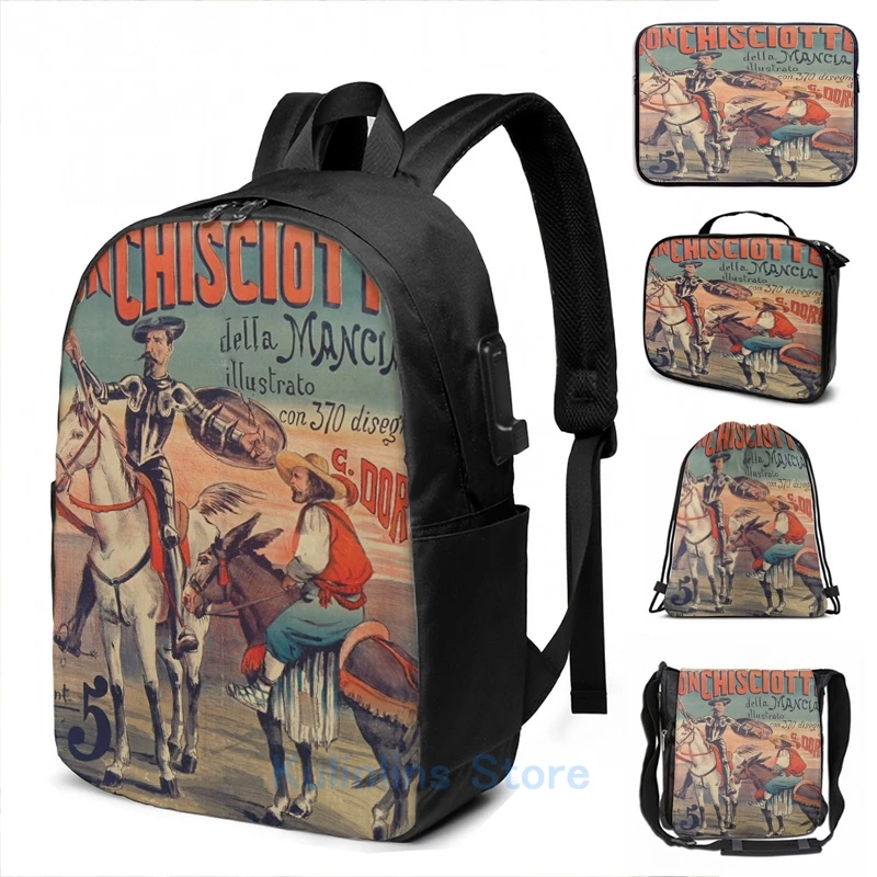 Смешная графическая печать обложки книги Don Quixote Sancho Panza USB-зарядный рюкзак для мужчин, школьных сумок для женщин, путешественников и ноутбуков.