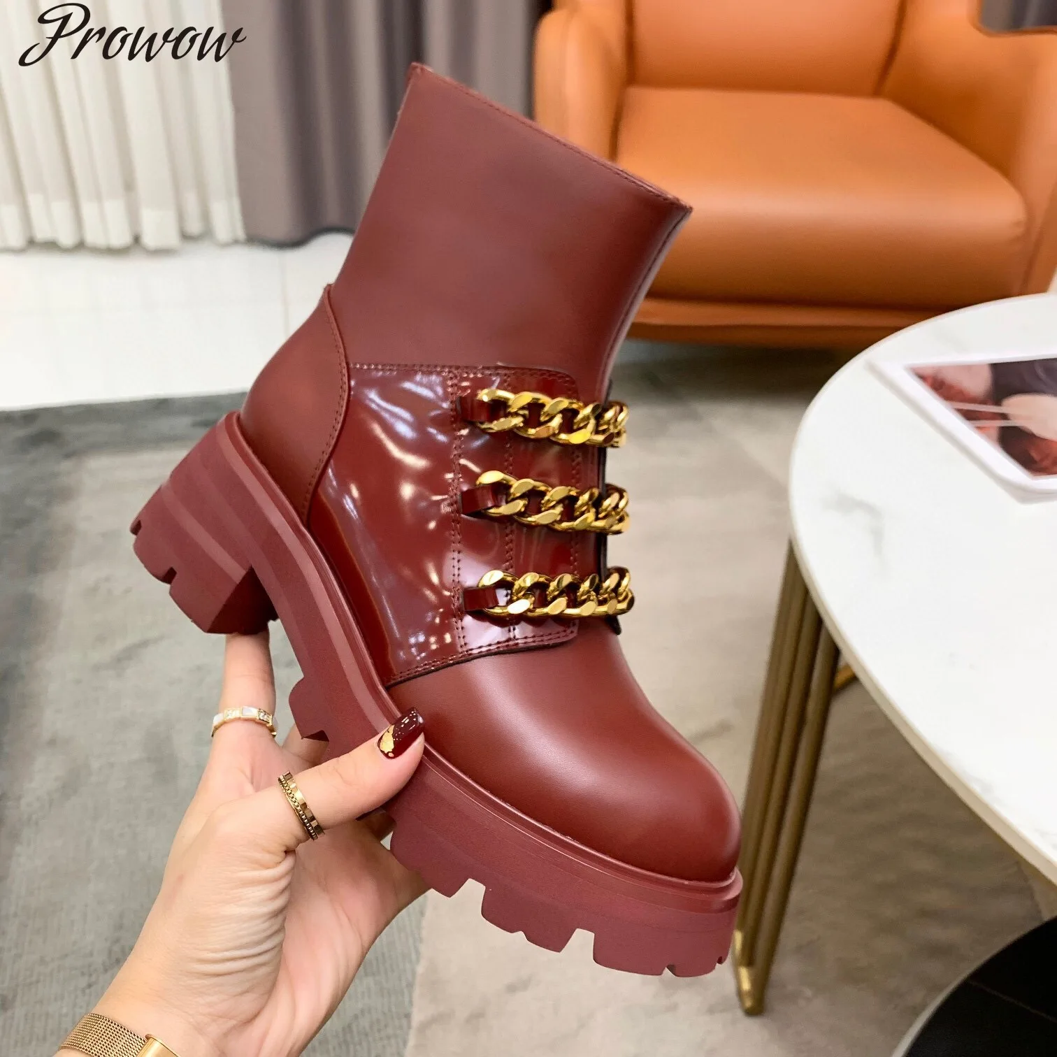 

Prowow Leather Ankle Boots Platform Heels Metal Chain Decora Punk Martin Boots Round Toes Zip Boots Woman