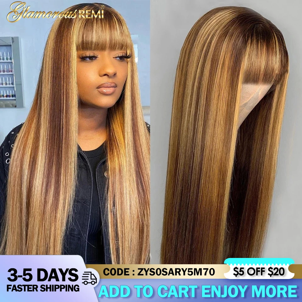 Бразильские прямые парики из человеческих волос машинной работы с челкой