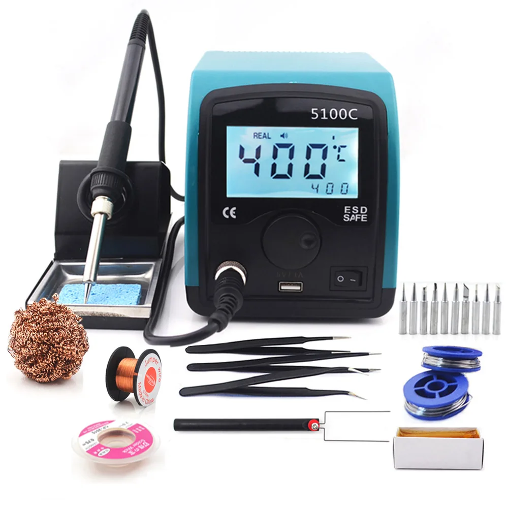 5100C-XZ-SET 5100C 75 Вт ЖК-дисплей смарт без примесей свинца и постоянная температура цифровой Сварка паяльник паяльная станция с интерфейсом USB 220V 110V - Цвет: 5100C-XZ-SET