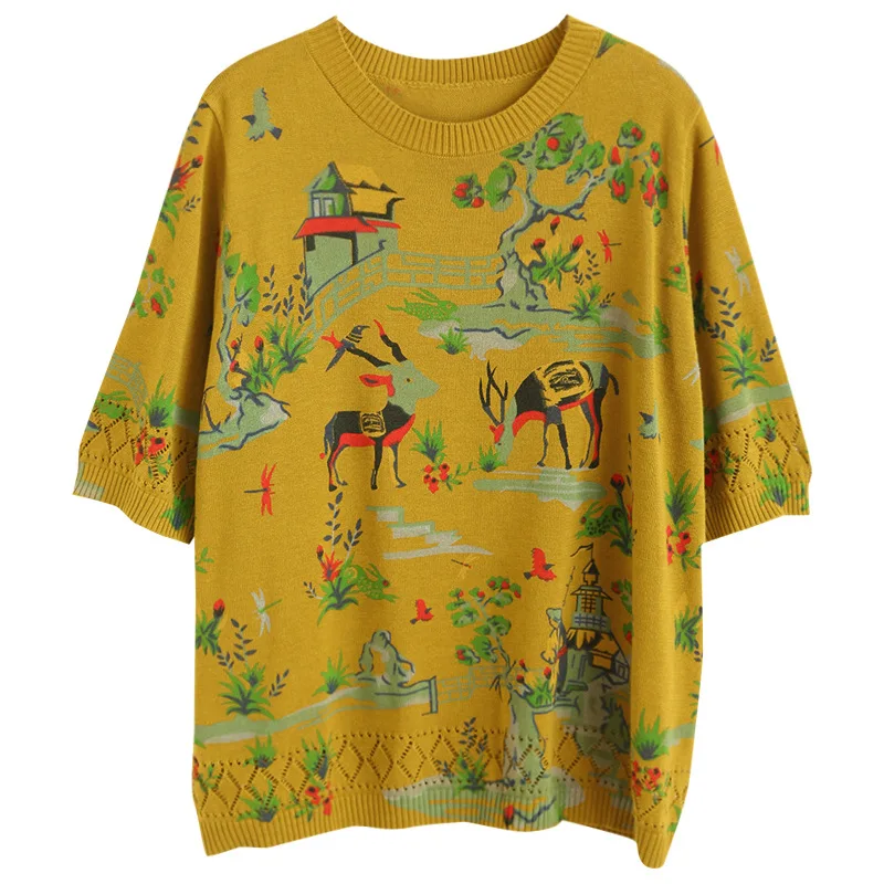 

2021 Summer Korean Fashion Style Ladies Vintage Clothes Womens Printed Short Sleeve Sweaters Casual Loose Pullovers Cute Sweater