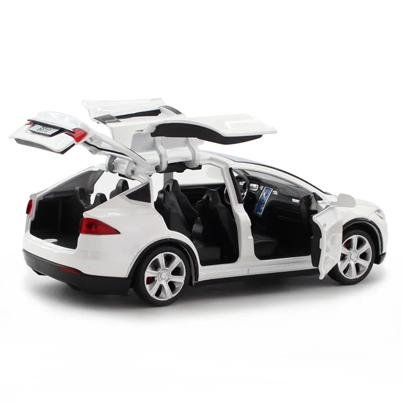 Модель автомобиля Tesla X S, 1:32 дюйма, литый под давлением, из сплава, стойка для путешествий, со звуком и светом, коллекционная Игрушечная машин...