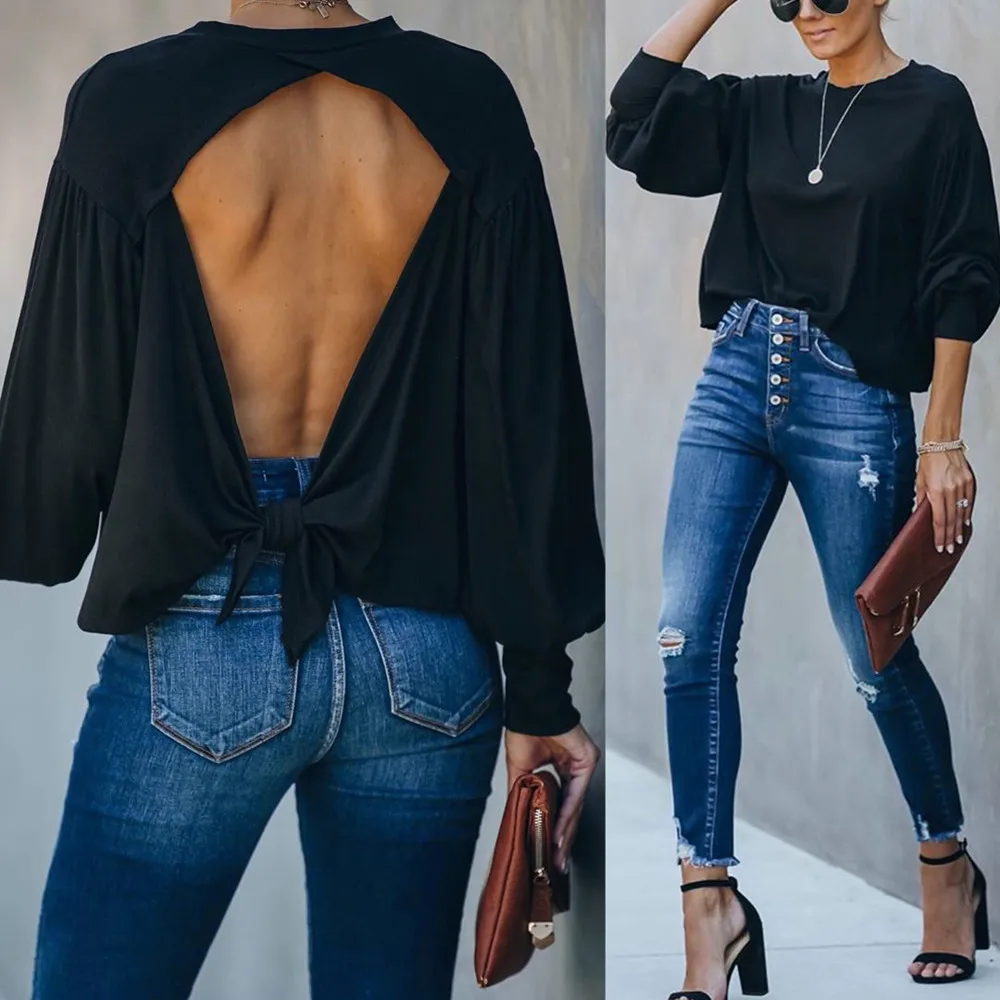 

Sexy O Neck Backless T-shirts Women Pop Autumn Casual Lantern Long Sleeve Back Hollow Out Bandage Bow Loose Pullover Tops Ladies