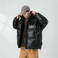 Fashion PU Leather Padded Jacket Men Hip Hop Trend Puffer Outwear Winter Thick Parkas Coat Black Warm Stand Collar Puffer Jacket