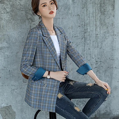 Blue Plaid Blazer Для женщин однобортный однотонный Блейзер Женский пальто трех до двенадцати лет Модные Пиджаки Верхняя одежда высокого качества, куртки, 5XL - Цвет: Blue Plaid Blazer