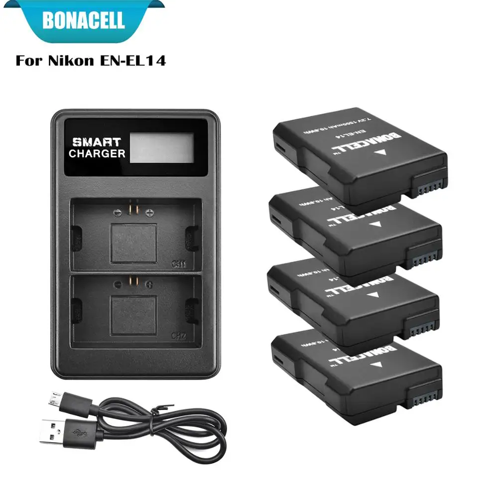 4X Battery-Charger Bonacell 7,2 V 1500 мА/ч, Перезаряжаемые батареи для Nikon D3100 D3200 D3300 D5100 D5200 D5300 P7000 P7100 P7700 P7800 L50 - Цвет: 4X Battery-Charger