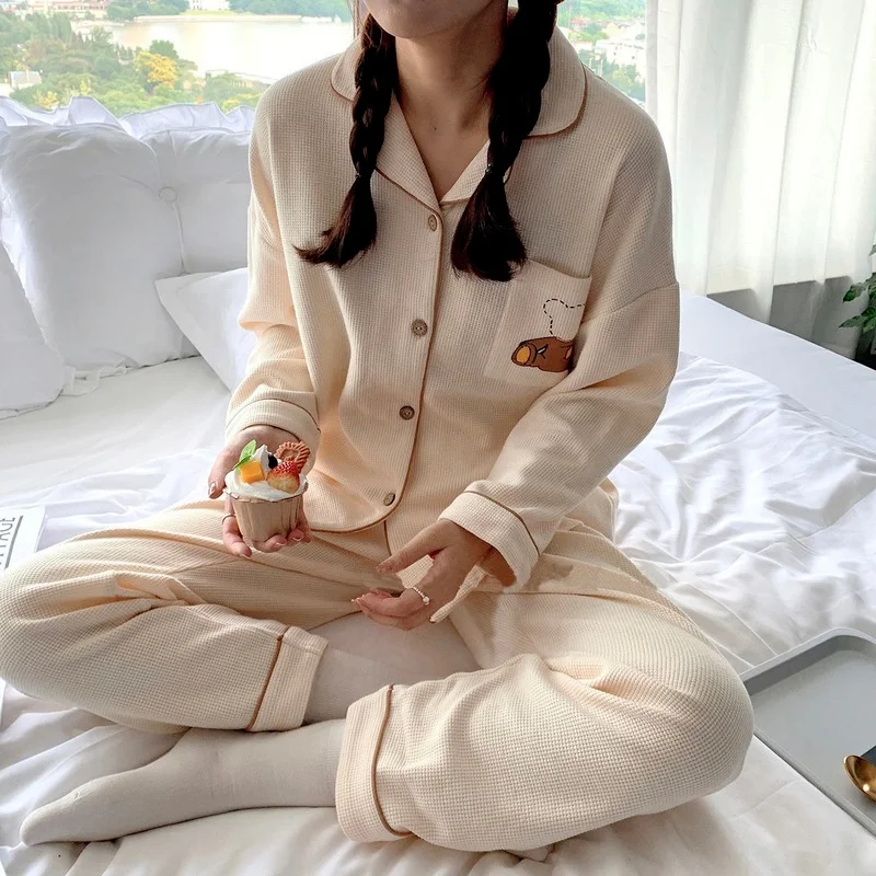 QWEEK Autumn Clothes Women Two Piece Sets Kawaii Bear Waffle Cotton Pajamas Spring Pyjamas Girls Home Suit Pijamas Loungewear
