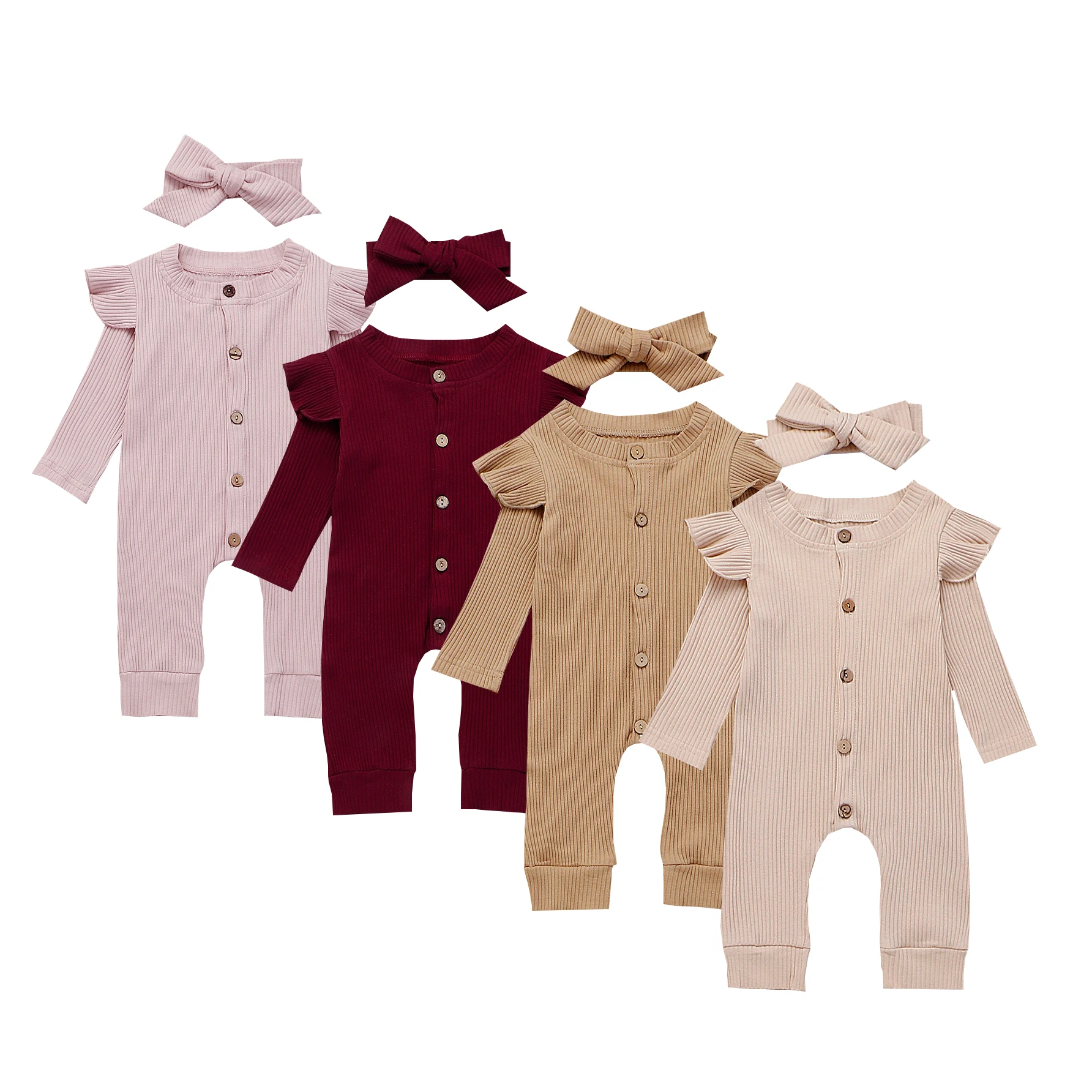 Newborn Baby Romper Girl Autumn Clothes Long Sleeve Knitted Cotton Button Ruffle Jumpsuit Headband Warm Outfits 0-24M |