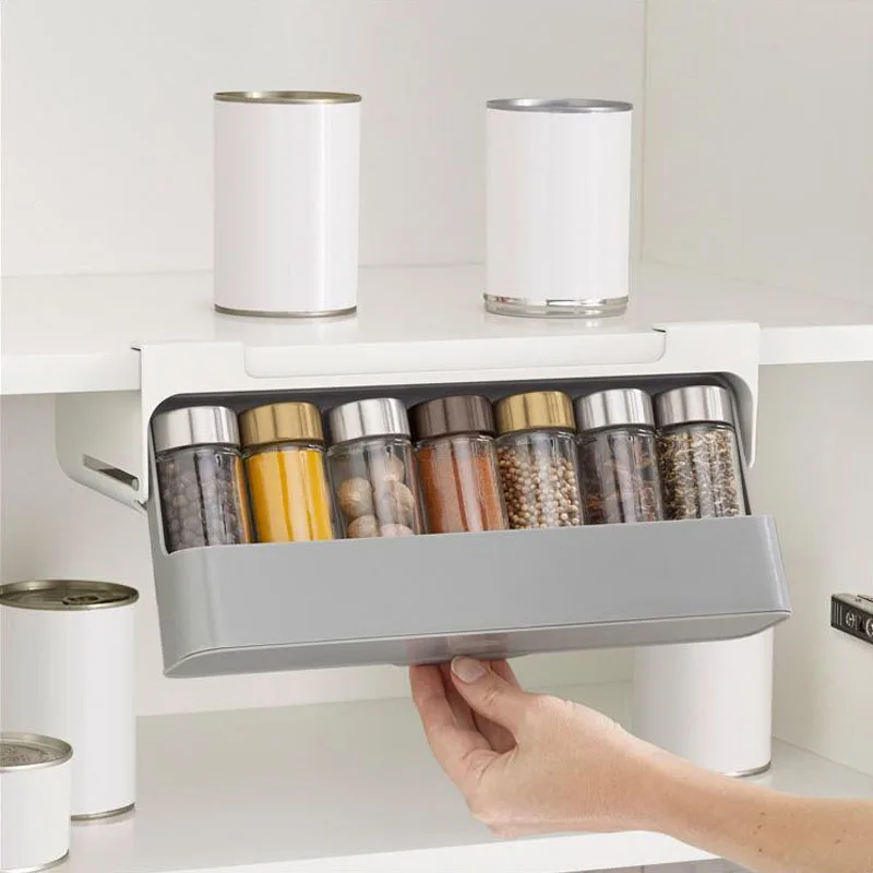 

Home Kitchen Self-adhesive Wall-mounted Under-Shelf Spice Organizer Spice Bottle Storage Rack Kitchen Supplies Storage In Stock