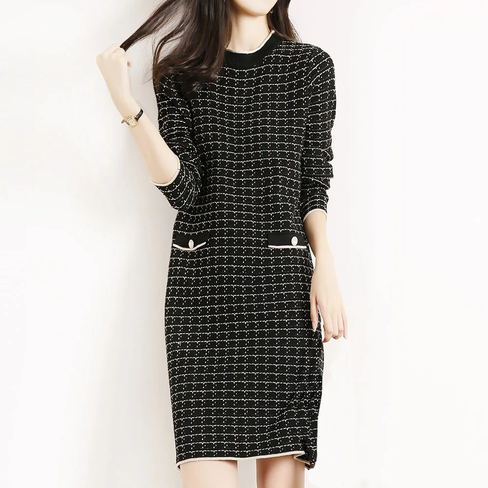 

2021 Women Knitted Dresses Elegant Autumn Winter Intellectual Casual O-Neck Long Sleeve Stripe Mini Dress Lady Fashion Clubwears