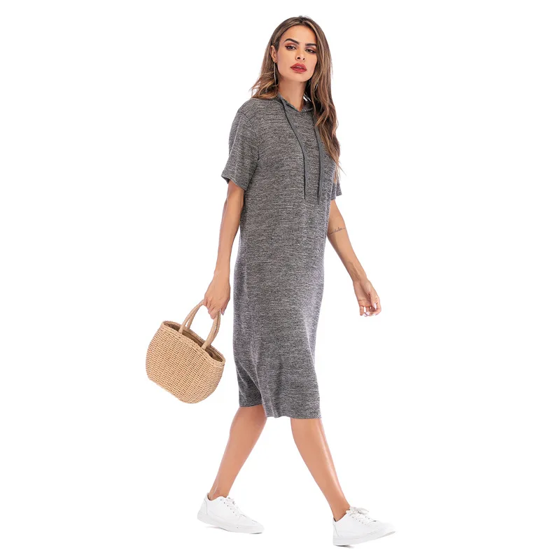 

European and American summer loose medium to long solid color short sleeves hooded forked T-shirt dress women