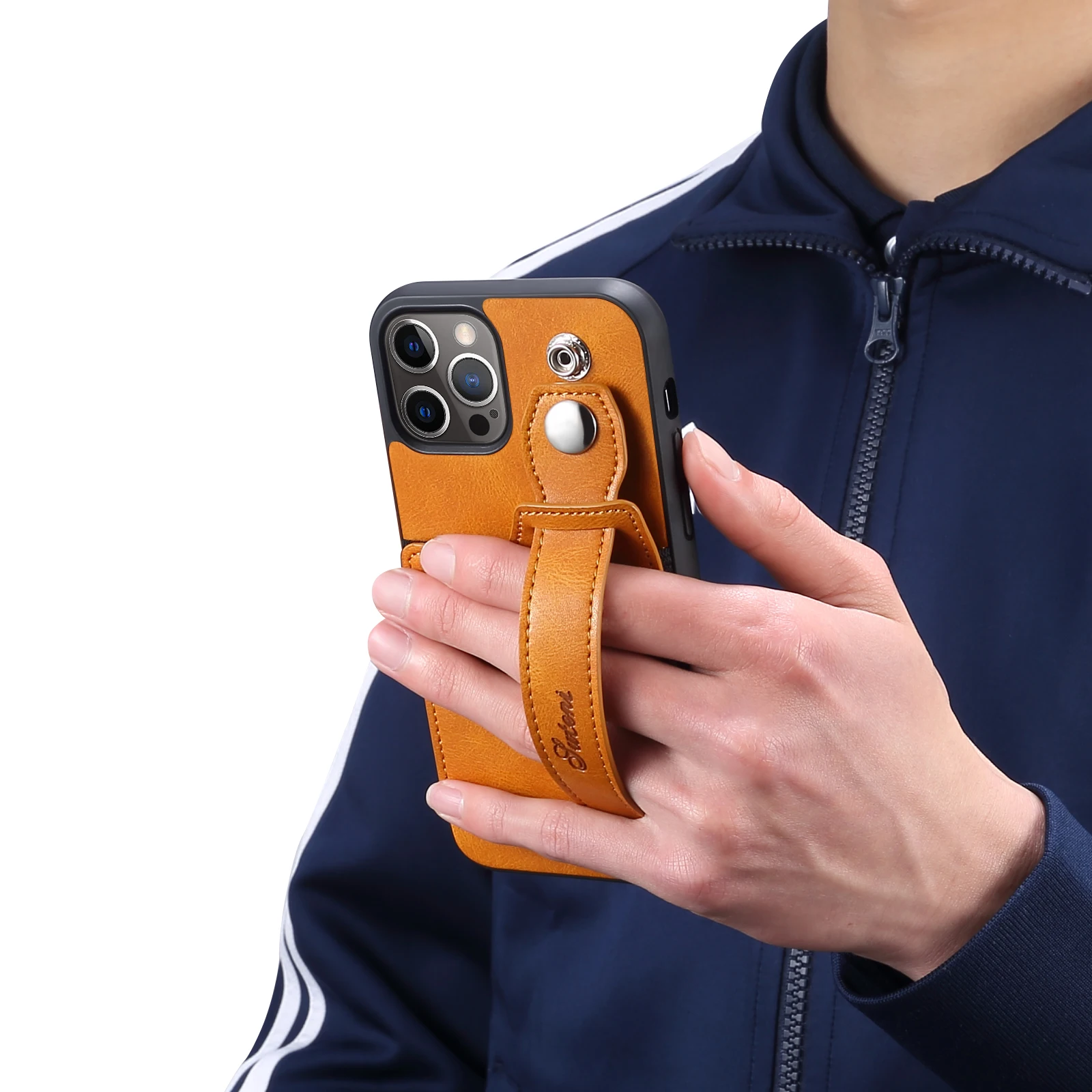 

Wrist Strap Phone Case for iPhone 12 Pro Max Mini with Card Pocket Leather Back Cover Premium Business Shockproof Stand Fundas