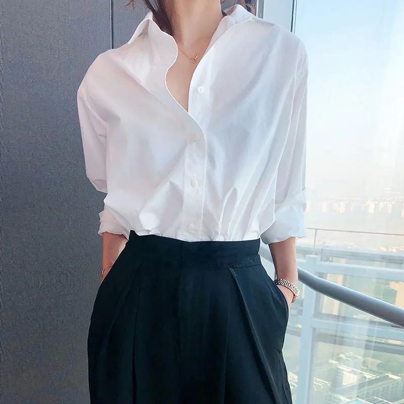 

2020 spring autumn loose retro cotton white shirt long korean blouses 2020 Streetwear Solid Regular Cotton harajuku shirt