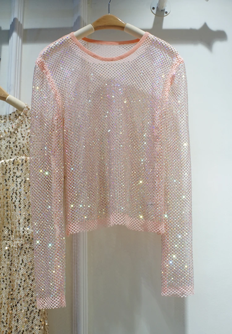 Базовая рубашка с блестящими бриллиантами женская элегантная Облегающая