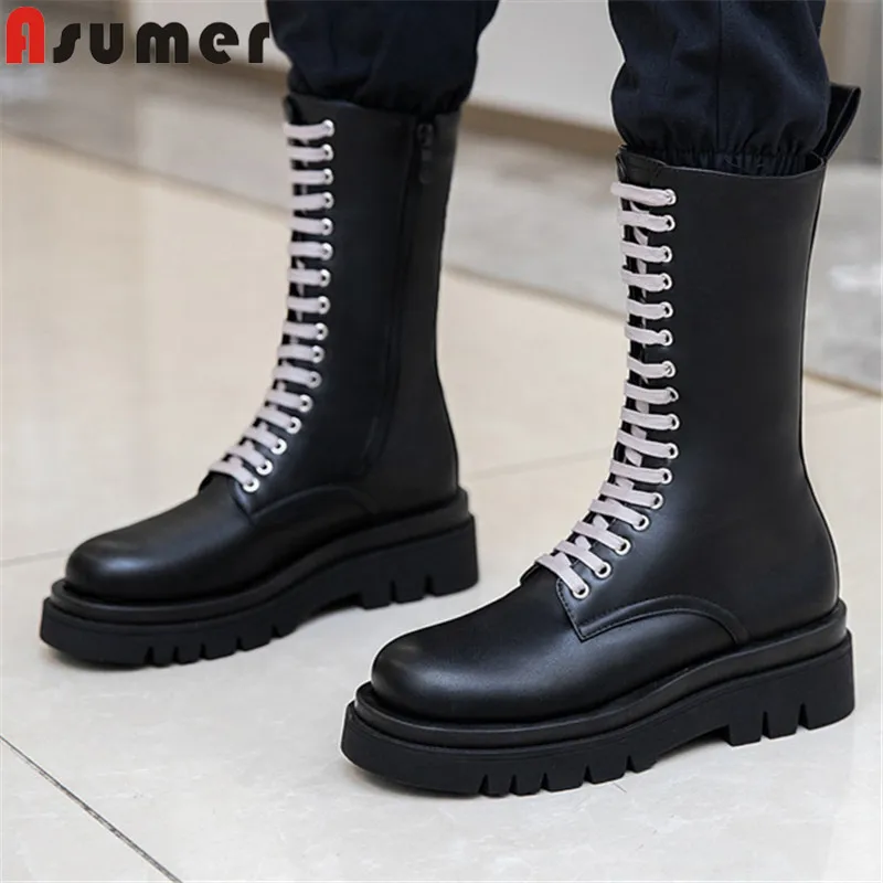 

ASUMER 2021 new arrivel Motorcycle boots women low heel platform casual shoes cross tied autumn winter ankle boots woman