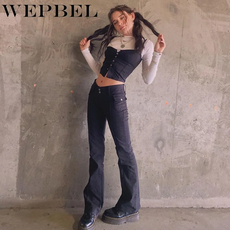 

WEPBEL Women Vintage Elegant Low Waist Pocket Flare Jeans Ladies Sexy Skinny Slim Fit Stretchy Denim Pants Female Long Trousers