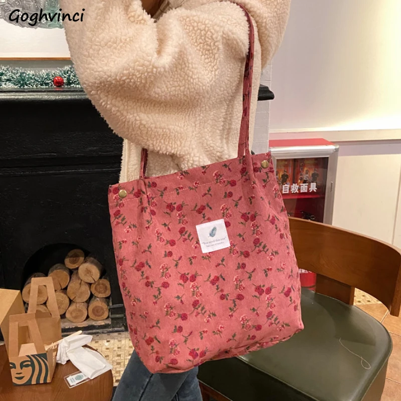 

Corduroy Shoulder Bags Women Fall Winter Shopping Book College Students Literary Floral Retro Ins Large Capacity Casual Tote New