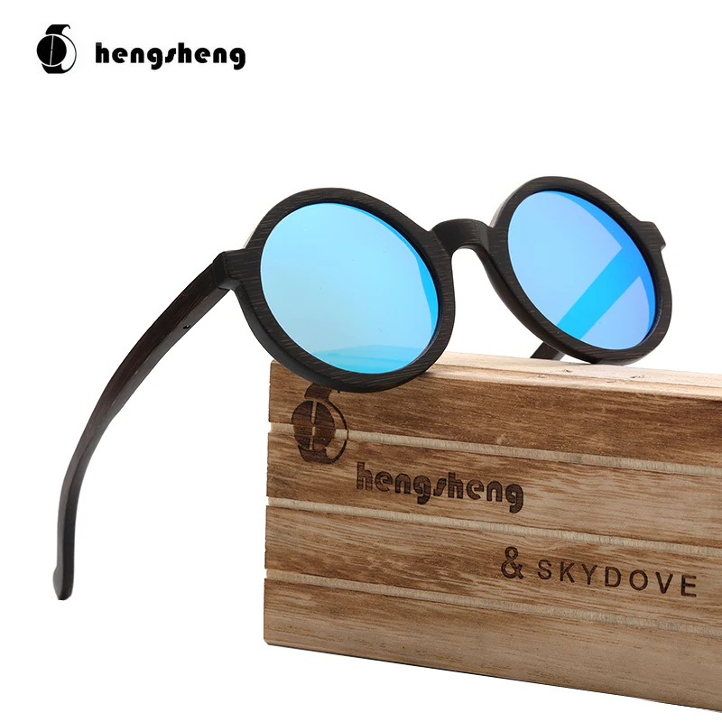

SKYDOVE Round Black Wood Bamboo Sunglasses Woman Man Sunglasses Polarised Shades For Women Luxury