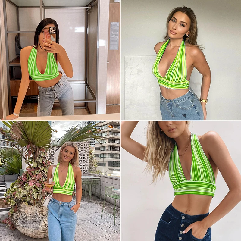 

1pc V Neck Bandage Crop Top Knitted Women Sexy Summer Blue Backless Sleeveless Casual Off Shoulder Tank Tops Party