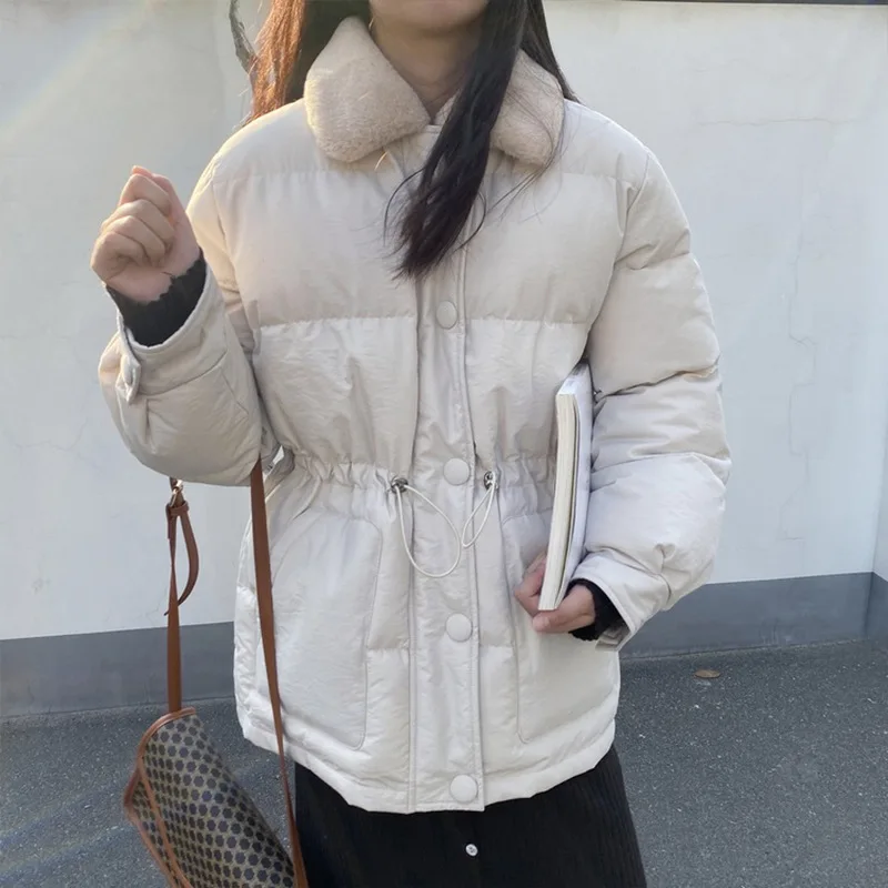 

2021 winter Korean down cotton bread coat thick coat female drawstring imitation rabbit fur lapel warm jacket female