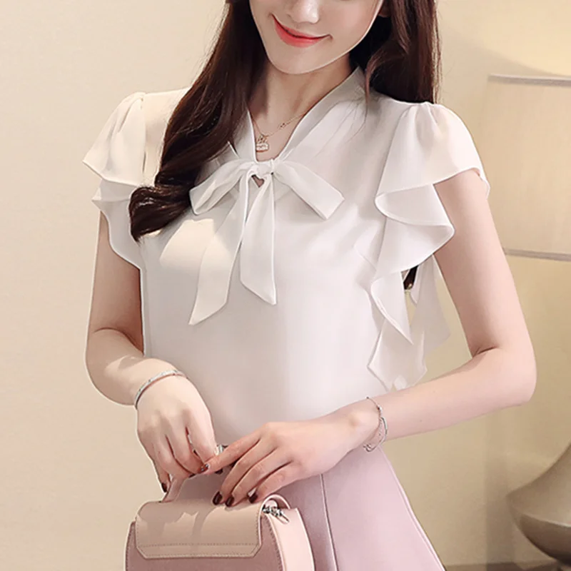 

2019 Nova Moda Mulheres Blusa E Top de шифон de с коротким рукавом Senhoras V Roupas Gravata borboleta Cor blusas casuais